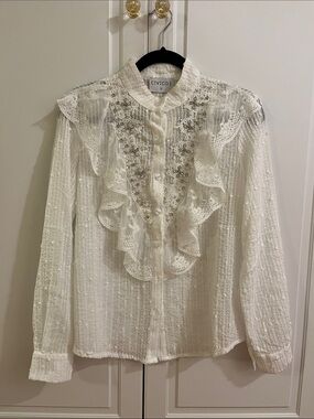 Women's White Sparkling Lace Ruffle Button-Up Blouse